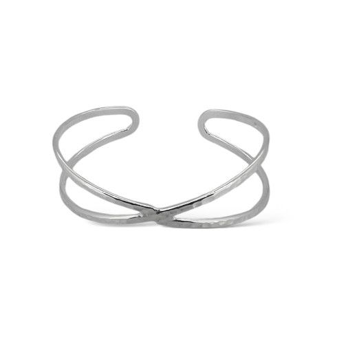 Bracelet manchette "croisé", effet martelé, ajustable, plaqué argent 10 microns, par 1 pièce